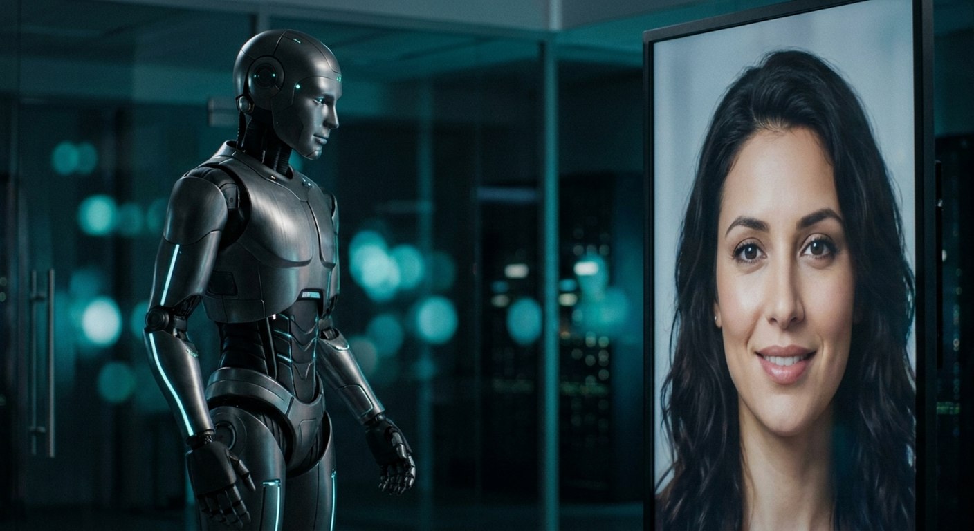 Humanoid AI robot facing a digital display showing a photorealistic AI character — long-term vision, concept visual